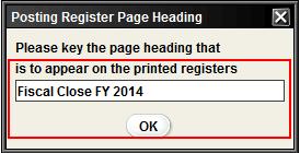 Enter the desired page heading for the printouts, then click OK. After any encumbrances and invoices have been posted, you are prompted Is the printout OK?