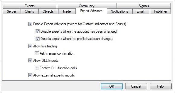 Set checkmarks where stands: Enable Expert Advisors (except for Custom Indicators and Scripts) Disable experts when the account has been changed Disable experts when