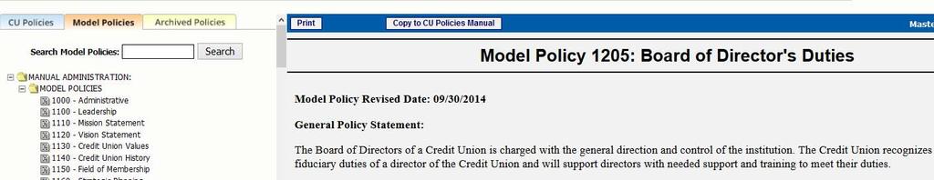 Adding Model Policies to the CU Policies Manual (continued) Option 2: Add one policy at a time.
