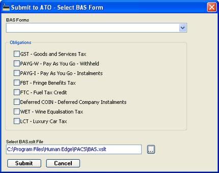 Submit the BAS to the ATO, Continued Step by Step (continued) Step Action 5. Select the appropriate form in the BAS FORMS drop down list.