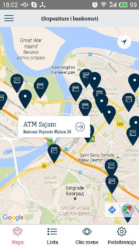 Ekspoziture i bankomati Putem opcije Ekpoziture i bankomati klijent ima mogućnost da pogleda lokacije ekspozitura i bankomata na mapi kao i u njegovoj blizini.