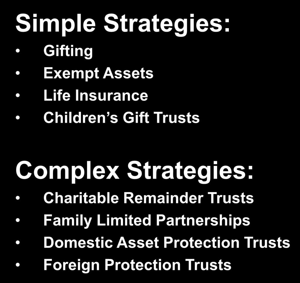 Presentation Summary Simple Strategies: Gifting Exempt Assets Life Insurance Children s Gift Trusts Complex