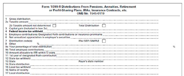 Form 1099-R This form reports the total distributions from pensions, annuities, retirement or profit sharing plans, IRAs, and insurance contracts during the prior calendar year.