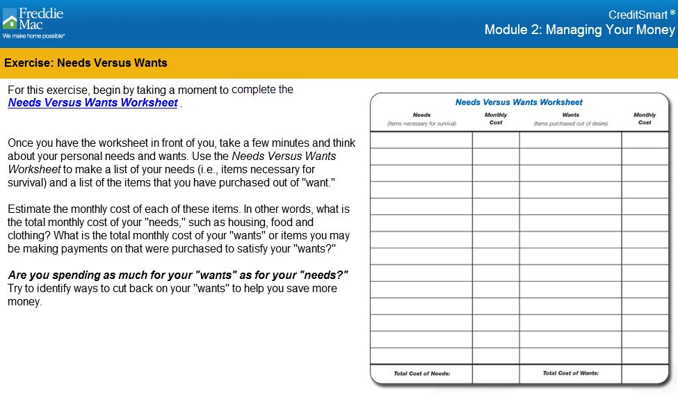 Topic 2: Needs versus Wants, Continued Activity Instructor note Refer participants to the Needs Versus Wants worksheet on page 8 of the Participant Presentation.