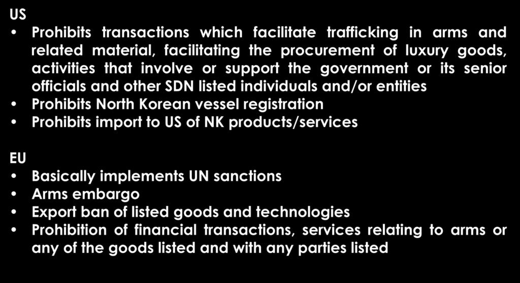 NORTH KOREA US Prohibits transactions which facilitate trafficking in arms and related material, facilitating the procurement of luxury goods, activities that involve or support the government or its
