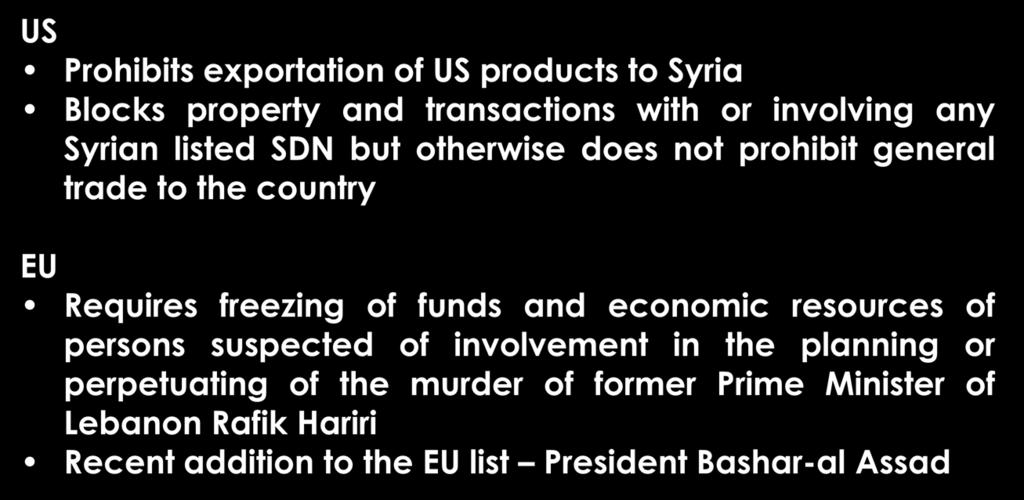 SYRIA US Prohibits exportation of US products to Syria Blocks property and transactions with or involving any Syrian listed SDN but otherwise does not prohibit general trade to the country EU