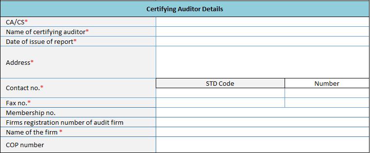 6.7 Certifying Auditor Details * Implies that fields are mandatory 1. CA/CS: Select the qualification of auditor from drop down. Whether Chartered accountant/ Company secretary.