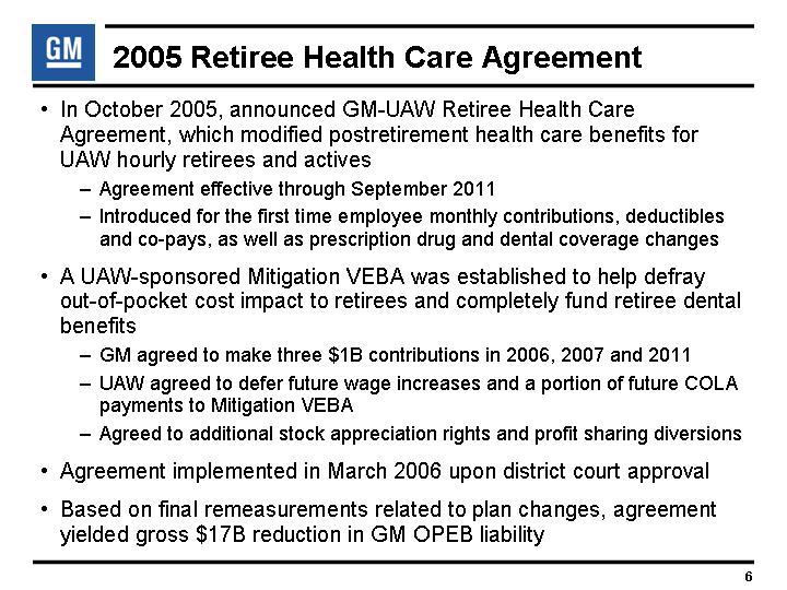 2005 Retiree Health Care Agreement In October 2005, announced GM-UAW Retiree Health Care Agreement, which modified postretirement health care benefits for UAW hourly retirees and actives Agreement