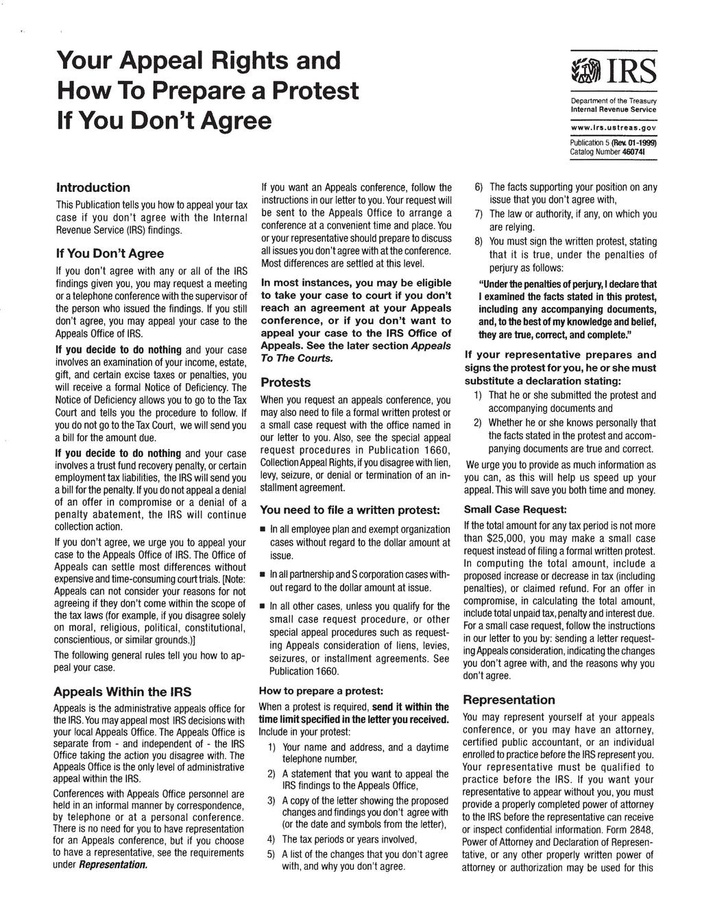 Your Appeal Rights and How To Prepare a Protest If You Don't Agree fj)irs Department of the Treasury Internal Revenue Service www.lrs.ustreas.gov Publication 5 (Rev.