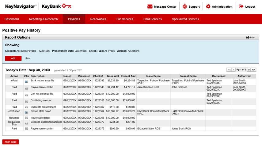 4. From the Positive Pay History Report you can select Main Page to return to the Fraud Services main page or select Edit to