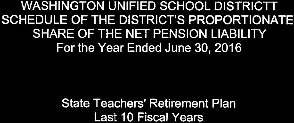 WASHINGTON UNIFIED SCHOOL DISTRICn SCHEDULE OF THE DISTRICT'S PROPORTIONATE SHARE OF THE NET PENSION LIABILITY For the Year Ended June 30,2016 State Teachers' Retirement Plan Last 10 Fiscal Years