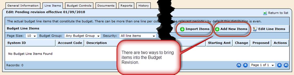Click on the Line Items tab to add items to the Budget Revision.
