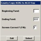 General Ledger After the data has been copied to the desired location you can take or email the file to your County Mayor's office for importing. The filename is AC22.FLE.