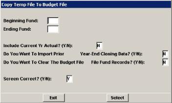 County Budgeting from the Other menu. Copy Temp File to Budget File If you are satisfied with the data presented you may complete the import process.