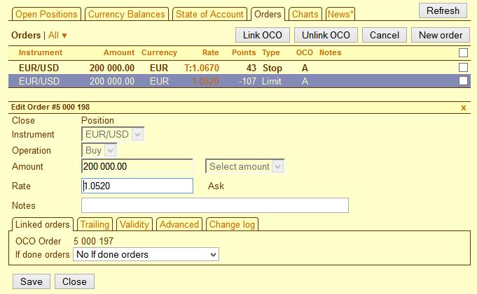 You can edit the instrument, operation, amount, currency, rate, order type and type of deal (trade); add an OCO order as well as If-Done orders; activate trailing and set its parameters; limit the