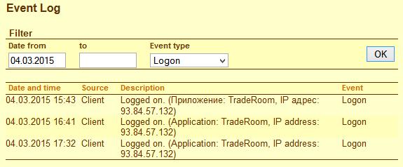 7.4. Viewing event log for Forex account This service function is meant for tracing different events taking place in your account.