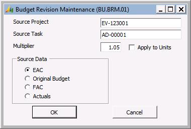 10 Project Budgeting Create From (button) Clicking Create From opens a screen that allows the creation of a budget or budget revision using data from an existing project and task as a template.