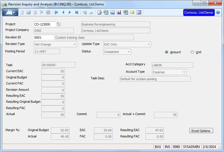 Reference 21 Note: You can rename the captions for Budget, EAC, and FAC in Project Controller Setup (PA.SET.00).