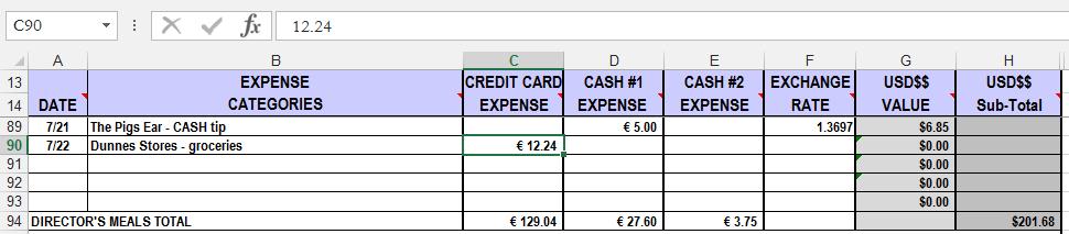 Enter the USD$$ Amount for the Item using the Bank Statement Note: The USD$$ for Credit Card charges may or may not have posted when expenses are being recorded in the Excel Workbook.