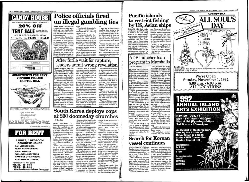 2-MARIANAS VARIETY NEWS AND VIEWS-FRIDAY-OCTOBER 30,1992 TWO LOCATIONS TO SERVE YOU - GARAPAN & CHALAN KANOA 2 0 % OFF TENT SALELOCATED IN CHALAN KANOA NEXT TO Ml.