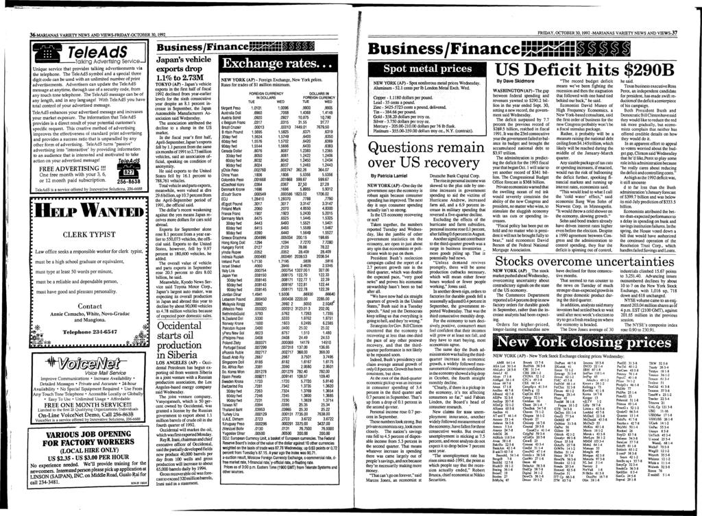 36-MARIANAS VARIETY NEWS AND YIEWS-FRIDAY-OCTOBER 30.1992 Tele AdS -Talking Advertising S e rv ic e - U nique service th at provides talking advertisem ents via the telephone.