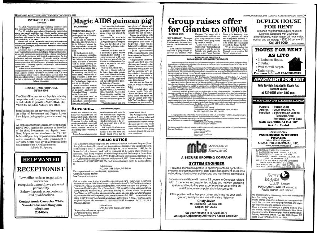38-MARIANAS VARIETY NEWS AND VIEWS-FRIDAY-OCTOBER 30,1992 INVITATION FOR BID IFB93-0003 The Chief, Procurement and Supply is soliciting competitive sealed bids for the purchase of vehicles with the