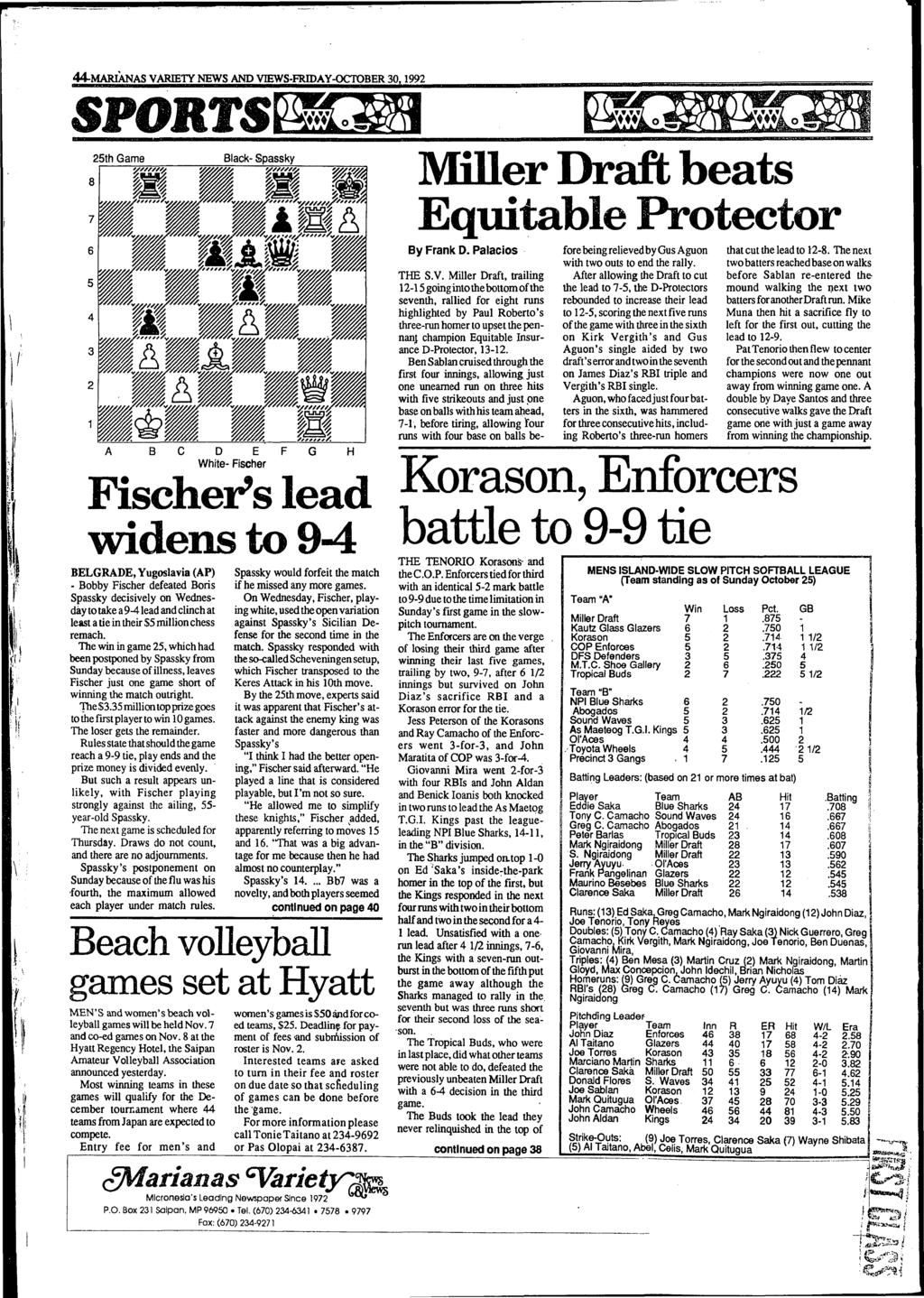 44-MARIANAS VARIETY NEWS AND VŒWS-FRIDAY-OCTOBER 30,1992 SPORTS 25th Game Black- Spassky Ш Щ.. / у,,,,, Ш Л ' # ш w m.