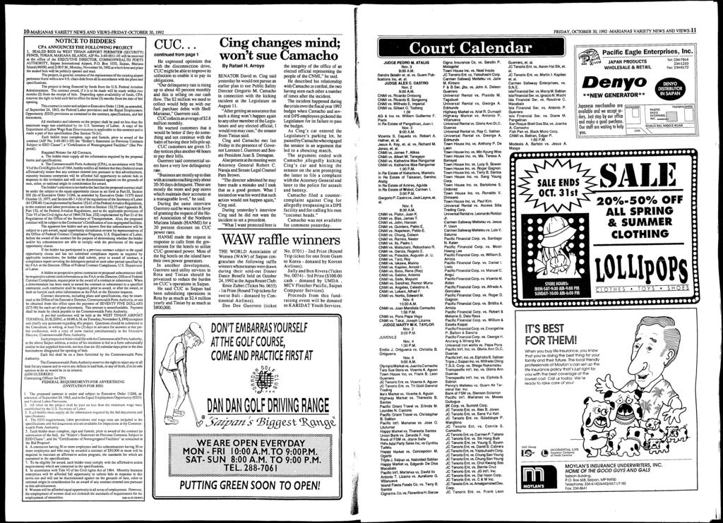 10-MARIANAS VARIETY NEWS AND VffiWS-FRIDAY-OCTOBER 30,1992 NOTICE TO BIDDERS CPA ANNOUNCES THE FOLLOWING PROJECT 1.
