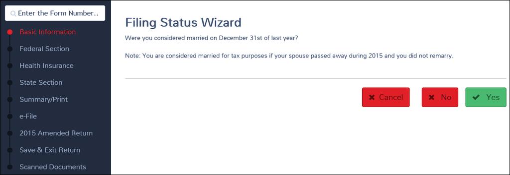 Practice Lab displays the Filing Status Wizard: 2. Read each question in the wizard to the taxpayer and click the appropriate answer.