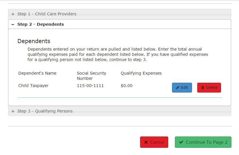Practice Lab displays the Step 2 Dependents section, listing all dependents you listed in the taxpayer s personal information: 9.