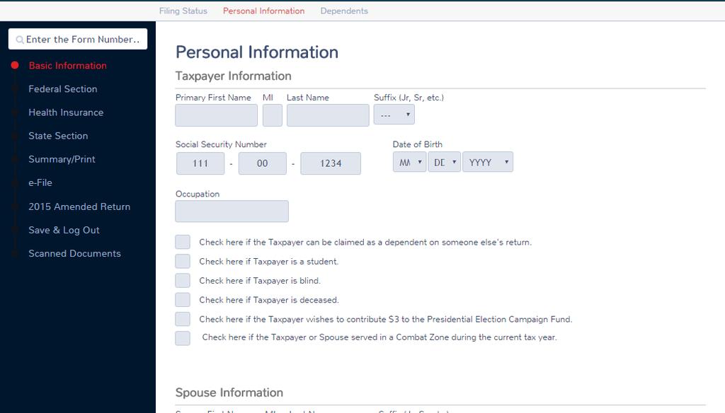 Entering Personal Information After you select the filing status, Practice Lab displays the Personal Information page: 6. Read each box and type or select the appropriate data.