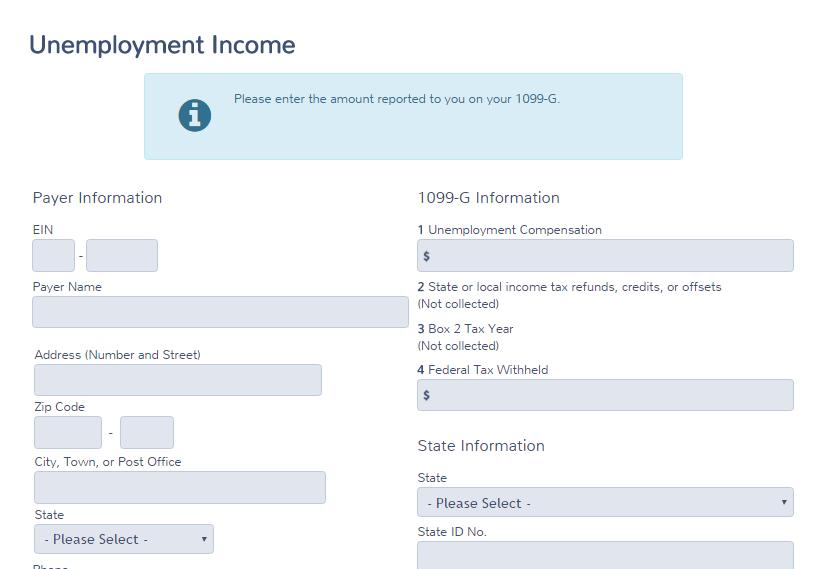 Practice Lab displays the Unemployment Income page: 3. Type the information on the page exactly as it appears on the Form 1099-G the taxpayer received.