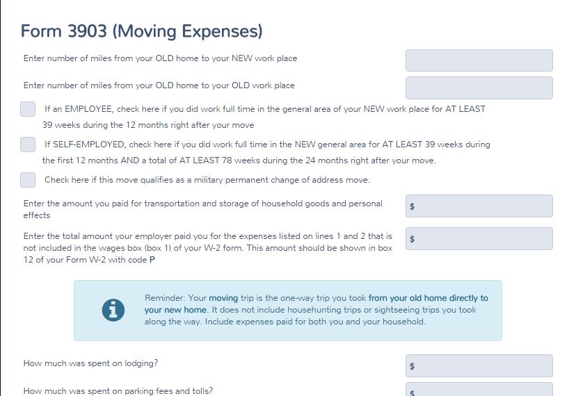 Practice Lab displays the Form 3903 (Moving Expenses) page: 2. Type the number of miles from the taxpayer s old home to his or her new workplace, and from the old home to the old workplace. 3. Select any check boxes that apply, including Check here if this move qualifies as a military permanent change of address move.