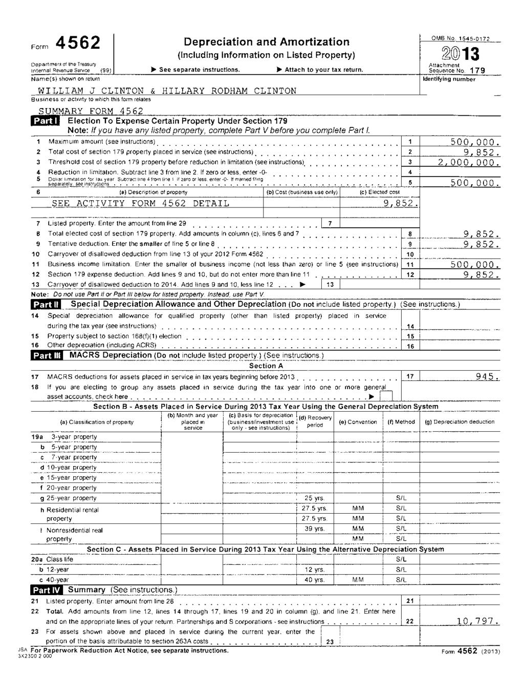 Form 4562 Department of the Treasury Internal Revenue Service (99) 1 Maximum amount (see instructions) 2 Total cost of section 179 property placed in service (see instructions) 3 Threshold cost of