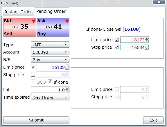 4.3 If Done Order Instruction Check the Limit price box, an If-done box is activated. Set Limit price as usual. Check the if-done box and new dialog box pop up next to it.