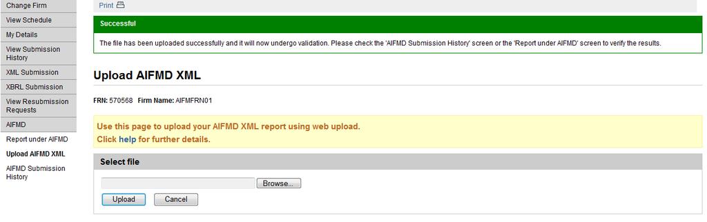 SCREEN NAME PATH UPLOAD AIFMD XML (Displayed when a file has been