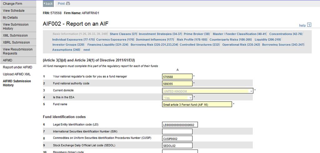SCREEN NAME PATH AIF002 - REPORT OF AN AIF GABRIEL / AIFMD / AIFMD SUBMISSION HISTORY /