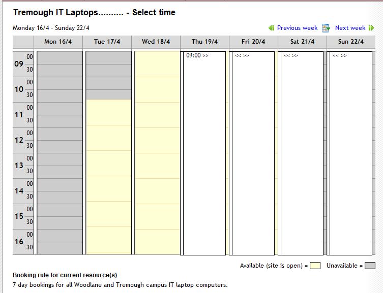 Then select the dates and times you wish to borrow the laptop by picking your day from the booking grid calendar Please Note: You can only book the laptop out for a period of up to 1 week.