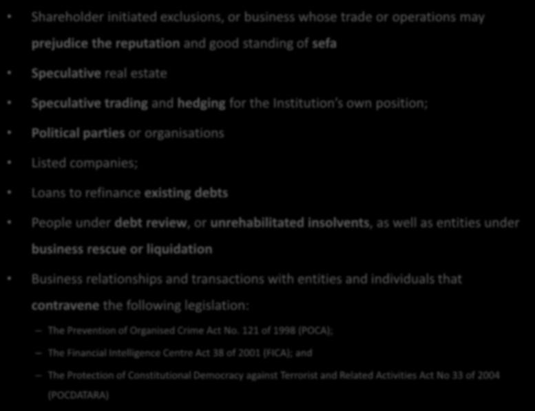 Exclusions Shareholder initiated exclusions, or business whose trade or operations may prejudice the reputation and good standing of sefa Speculative real estate Speculative trading and hedging for