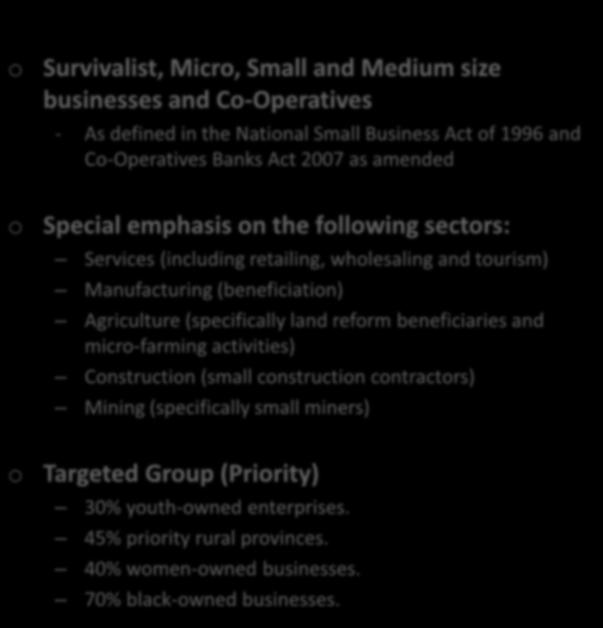 Target Market o Survivalist, Micro, Small and Medium size businesses and Co-Operatives - As defined in the National Small Business Act of 1996 and