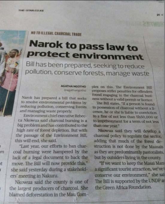 Figure 1: News article on Narok Environment Bill 2017 and the Certificate of Registration of Kenya's 1st Charcoal Producers Federation Sustainability Plans Through working with national institutions