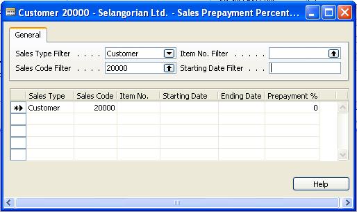 Chapter 7: Prepayments 5. In the Item No. field, select the item for which the prepayment percentage applies.