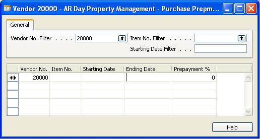 Chapter 7: Prepayments FIGURE 7-3: PURCHASE PREPAYMENT PERCENTAGES FORM 3. In the Vendor No. field, select the particular vendor for whom this prepayment percentage applies.