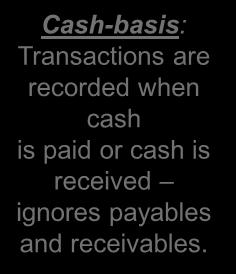 revenues are earned or expenses are incurred when transaction occurs Cash-basis: Transactions are recorded when cash is paid or cash is received ignores payables and receivables.