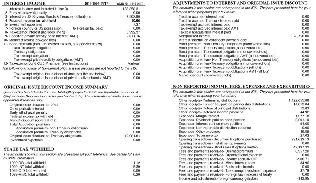 Summary Information Page 2 This includes 1099-INT, OID Summary, State Tax Withheld, Adjustments to Interest and OID, and Non Reported Income, Fees, Expenses and Expenditures.
