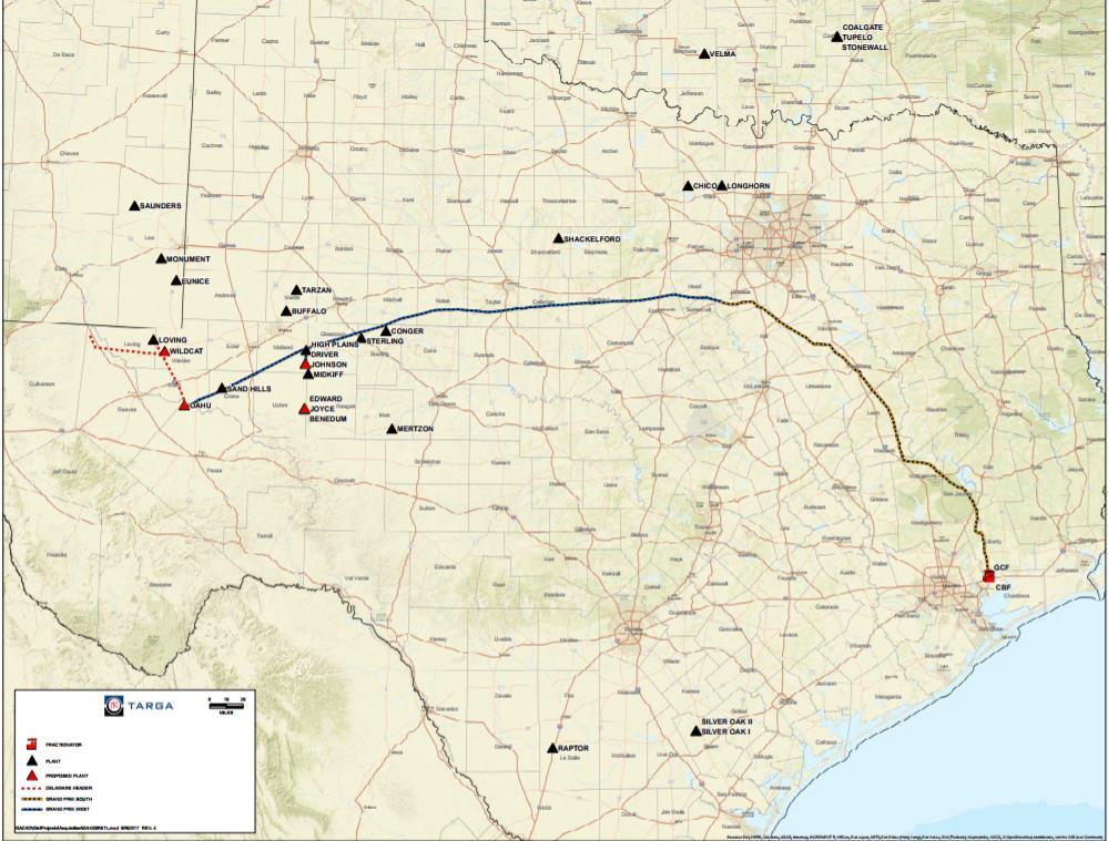 Targa s Grand Prix NGL Pipeline Project Permian Basin Mont Belvieu In-Service Date: 2Q 2019 Permian Basin to Mont Belvieu: 300 MBbl/d (expandable to 550 MBbl/d) Project Cost: ~$1.