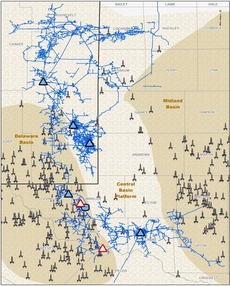 Permian Delaware Basin Summary Asset Map and Rig Activity (1) Interconnected Versado and Sand Hills capturing growing production from increasingly active Delaware Basin (also connected to Permian -