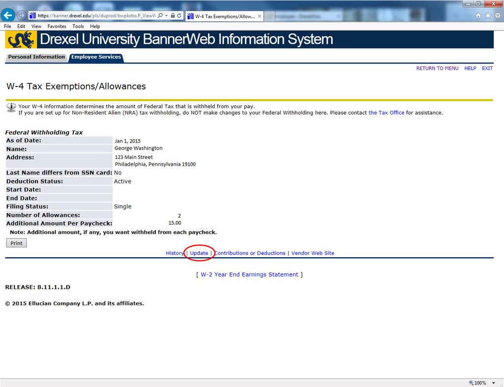 Step 7. Select Update Click on the Update link at the bottom of the W-4 Exemptions/Allowances screen.
