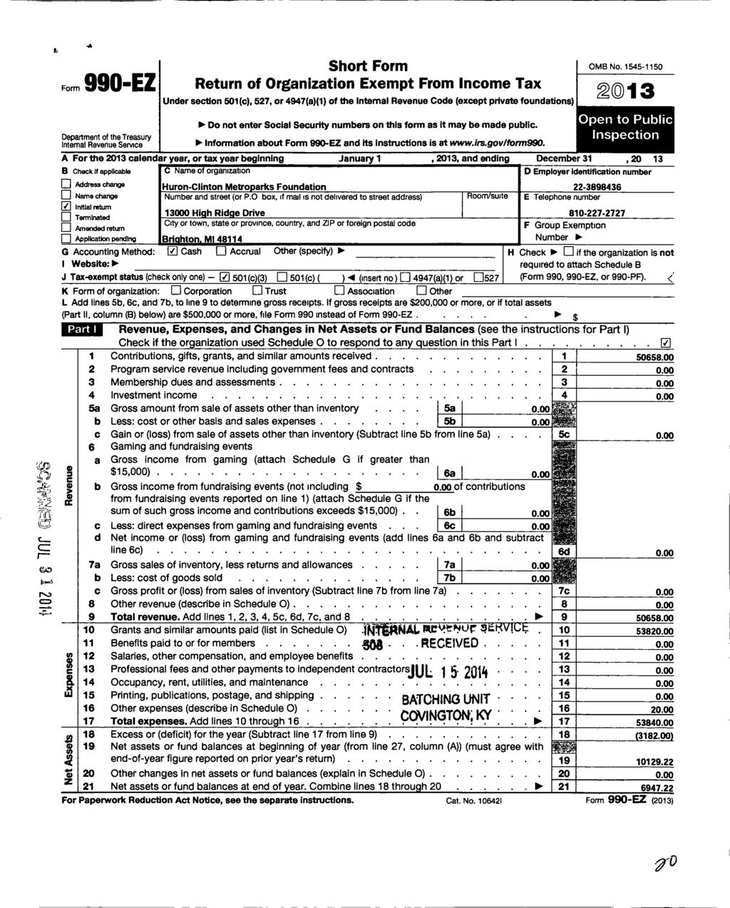 11, Form 990-EZ Short Form Return of Organization Exempt From Income Tax Under section 501(c), 527, or 4947(a)(1) of the Internal Revenue Code (except private foundations) OMB No.