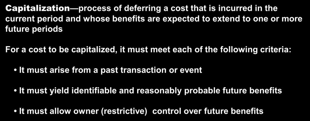 23 Long-Lived Asset Introduction Capitalization Capitalization process of deferring a cost that is incurred in the current period and whose benefits are expected to extend to one or more future